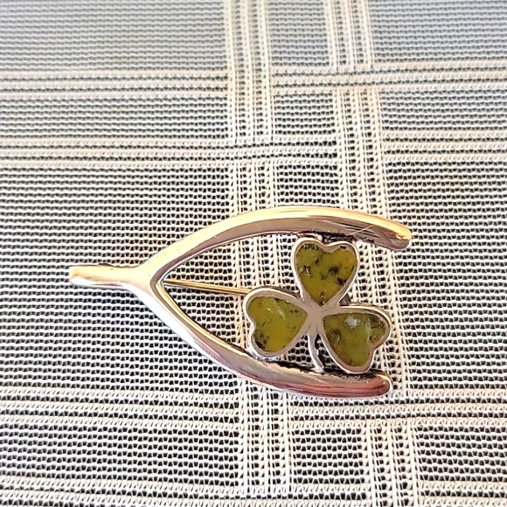 Sterling Wishbone & Shamrock with Irish Connemara Marble Irish Gemstone